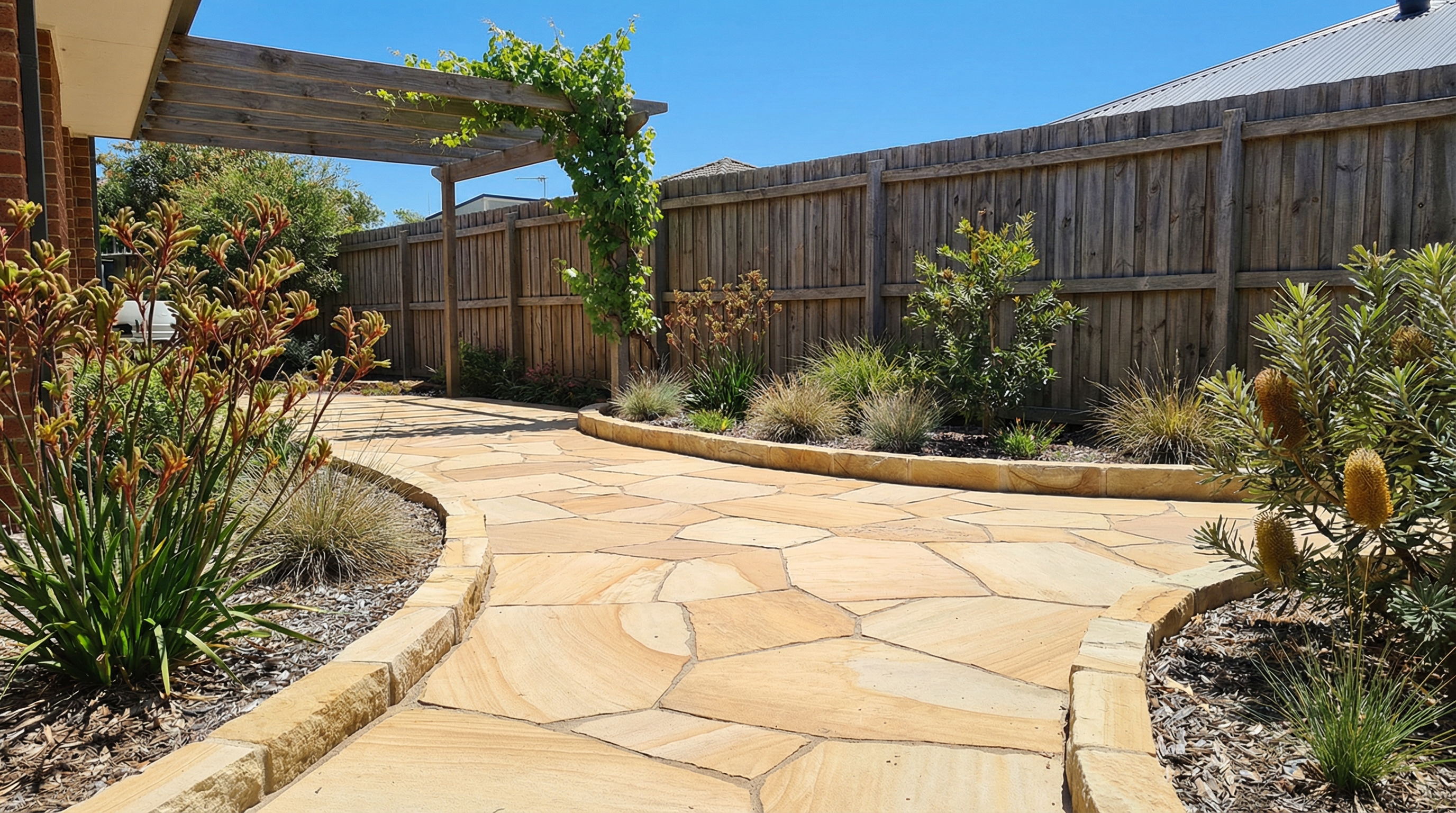 Green Coast Landscaping sandstone paver installation with garden edging in Freshwater
