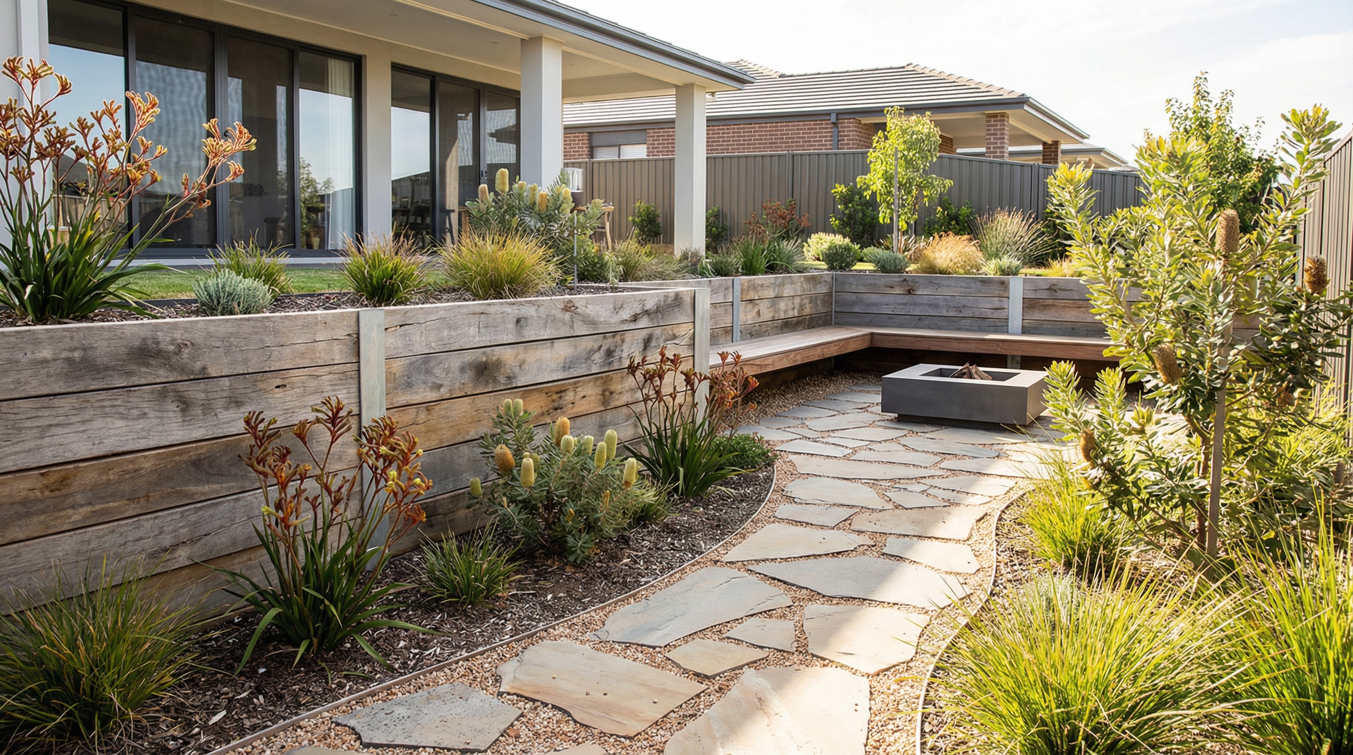 Green Coast Landscaping modern timber retaining wall with native plants in Freshwater