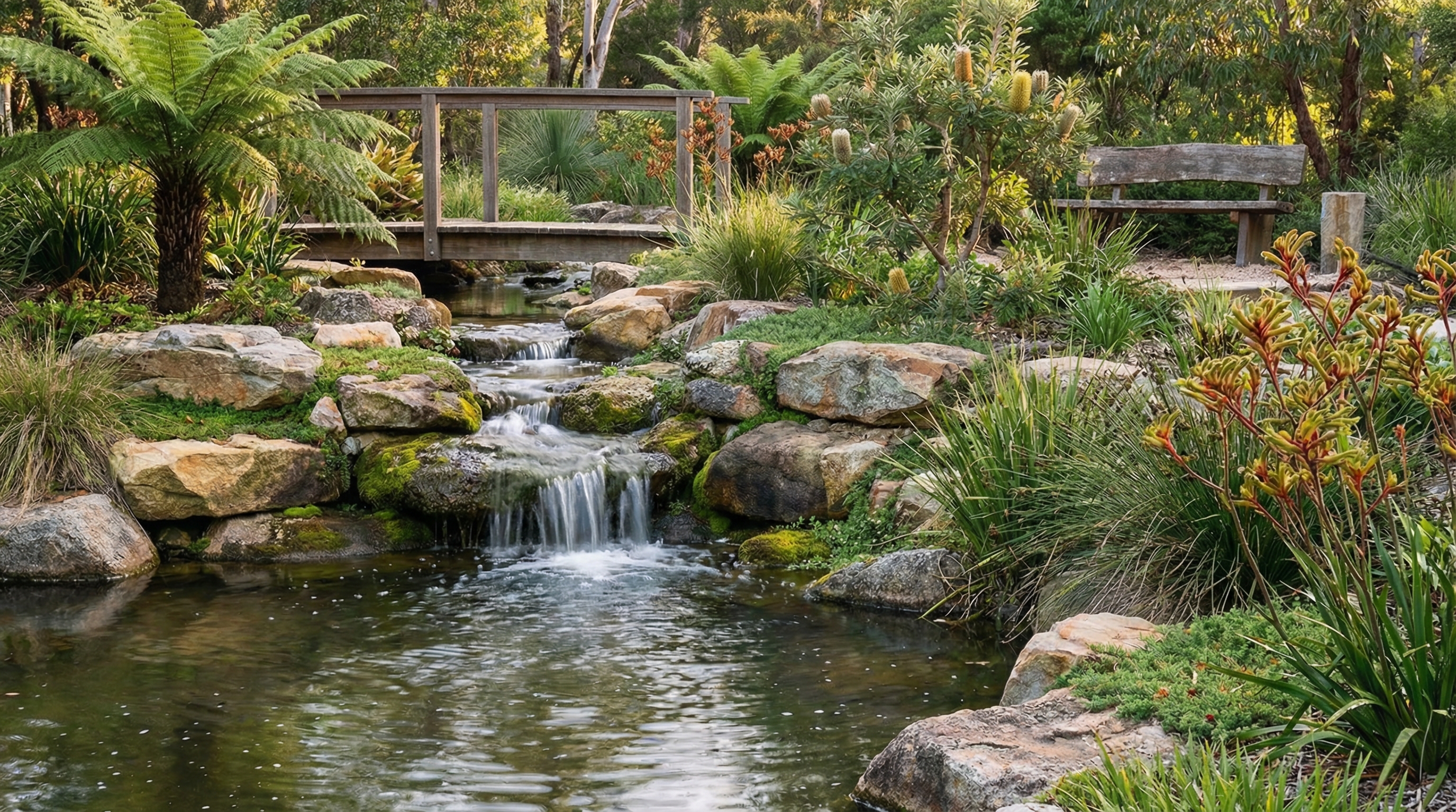 Green Coast Landscaping natural stone water feature with plants in Freshwater